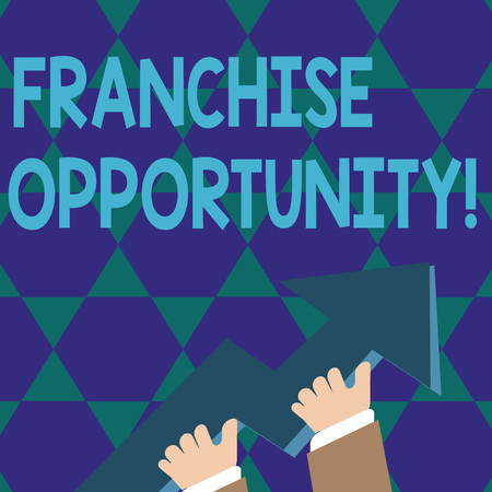 Text sign showing Franchise Opportunity. Business photo showcasing franchisor allowed the franchisee to do business photo of Hand Holding Colorful Huge 3D Arrow Pointing and Going Upの写真素材