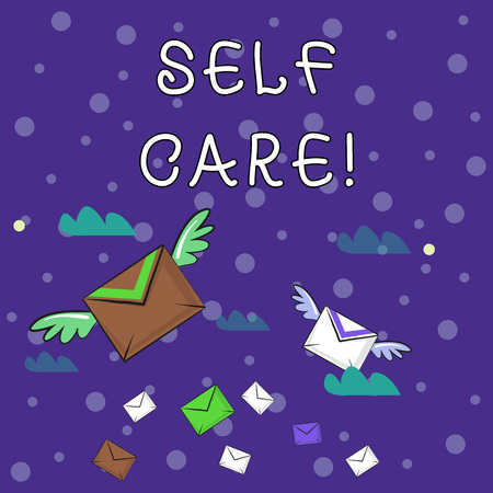 Handwriting text writing Self Care. Conceptual photo practice of taking action to preserve or improve ones own health Many Colorful Airmail Flying Letter Envelopes and Two of Them with Wingsの写真素材