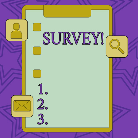 Word writing text Survey. Business photo showcasing research method used for collecting data from a predefined group Clipboard with Tick Box and 3 Apps Icons for Assessment, Updates, Reminderの写真素材