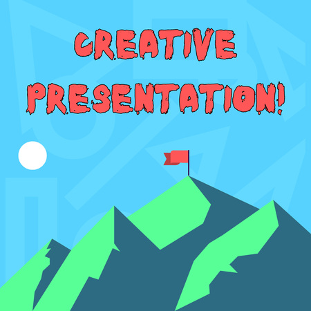 Handwriting text writing Creative Presentation. Conceptual photo process of presenting a topic to an audience Mountains with Shadow Indicating Time of Day and Flag Banner on One Peakの写真素材