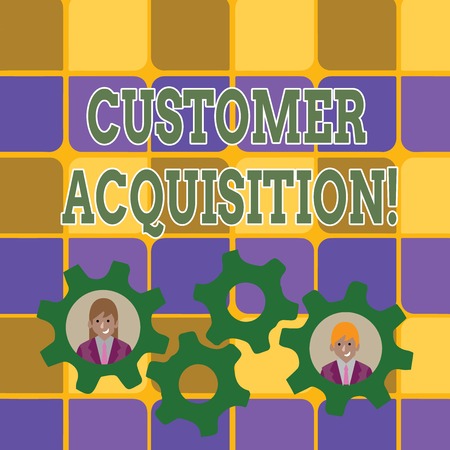Word writing text Customer Acquisition. Business photo showcasing persuading a consumer to purchase a company s is goods Two Business People Each Inside Colorful Cog Wheel Gears for Teamwork Eventの写真素材