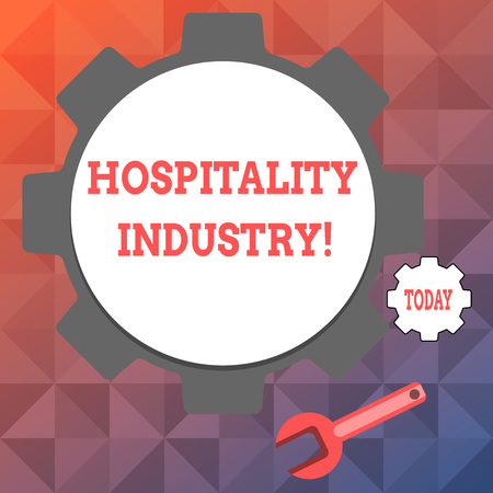 Text sign showing Hospitality Industry. Business photo text focus on the hotel and accommodation industry Big and Small Cog Wheel Gear and Wrench Mechanical Tool for SEO and Web Iconの写真素材