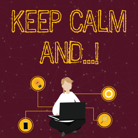 Word writing text Keep Calm And. Business photo showcasing motivational poster produced by British government Woman Sitting Crossed Legs on Floor Browsing the Laptop with Technical Iconsの写真素材