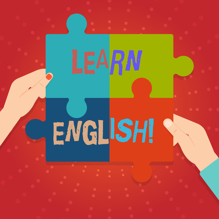 Text sign showing Learn English. Business photo showcasing gain acquire knowledge in new language by study Four Blank Multi Color Jigsaw Puzzle Tile Pieces Put Together by Human Handsの写真素材