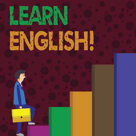 Writing note showing Learn English. Business concept for gain acquire knowledge in new language by study Man Carrying a Briefcase in Pensive Expression Climbing Upの写真素材