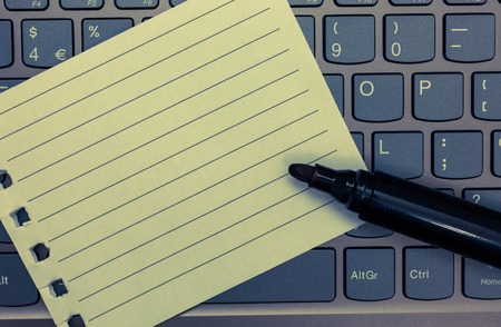 Design business concept Empty template copy space text for Ad website isolated. Notebook piece paper keyboard Inspiration ideas Type computer black markerの写真素材