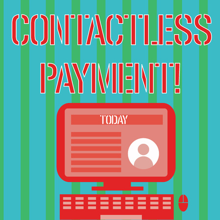 Handwriting text Contactless Payment. Conceptual photo use near field communication for making secure payments Desktop Computer Mounted on Stand with Online Profile Data on Monitor Screenの写真素材