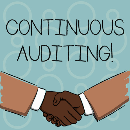 Writing note showing Continuous Auditing. Business concept for Internal process that examines accounting practices Businessmen Shaking Hands Form of Greeting and Agreementの写真素材