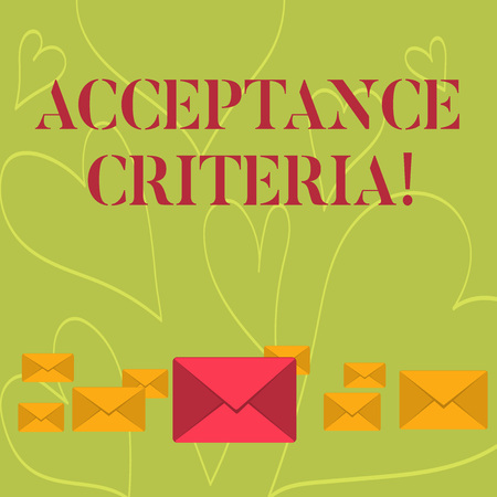 Handwriting text writing Acceptance Criteria. Conceptual photo Specified indicators in assessing the ability of a part Pastel Color Closed Envelopes in Different Sizes with Big one in the Middleの写真素材