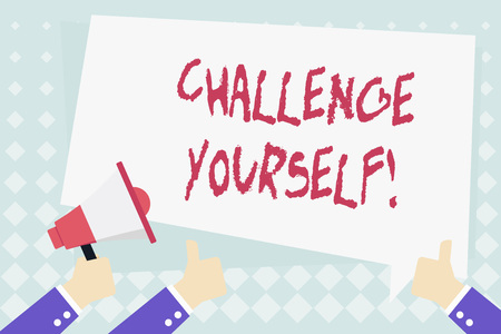 Conceptual hand writing showing Challenge Yourself. Concept meaning opportunity to be part of something bigger than ourselves Hand Holding Megaphone and Gesturing Thumbs Up Text Balloonの写真素材