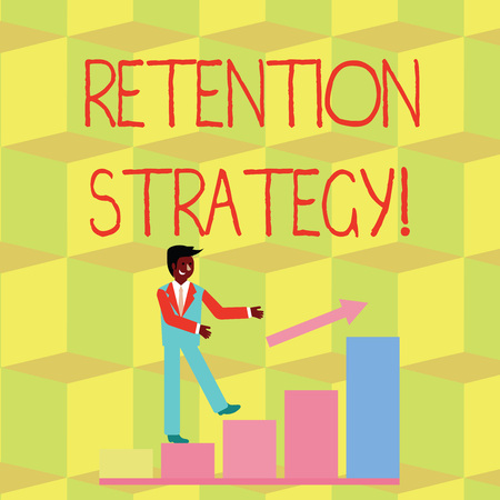 Handwriting text Retention Strategy. Conceptual photo activities to reduce employee turnover and attrition Smiling Businessman Climbing Colorful Bar Chart Following an Arrow Going Upの写真素材