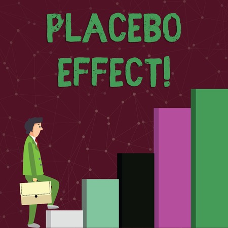 Text sign showing Placebo Effect. Business photo text a beneficial effect produced by a placebo drug or treatment Businessman Carrying a Briefcase is in Pensive Expression while Climbing Upの写真素材