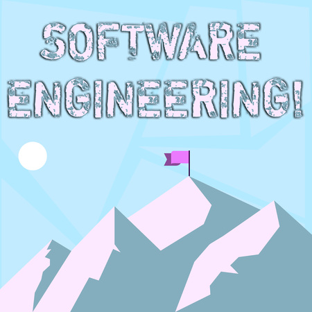 Word writing text Software Engineering. Business photo showcasing apply engineering to the development of software Mountains with Shadow Indicating Time of Day and Flag Banner on One Peak Word writing text Software Engineering. Business photo showcasing apply engineering to the development of software Mountains with Shadow Indicating Time of Day and Flag Banner on One Peak