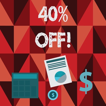 Conceptual hand writing showing 40 Percent Off. Concept meaning 40 percent reduction on the original price of a product Dollar Investment in Gold and Presenting Data thru Pie Chartの写真素材
