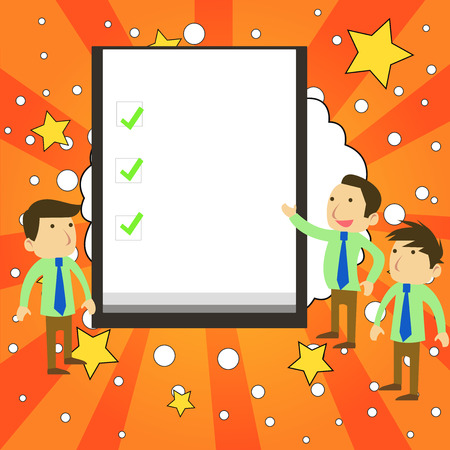 Business People Colleagues Discuss Missions Presentation Whiteboard Ticks Design business concept. Business ad for website and promotion banners. empty social media adのイラスト素材