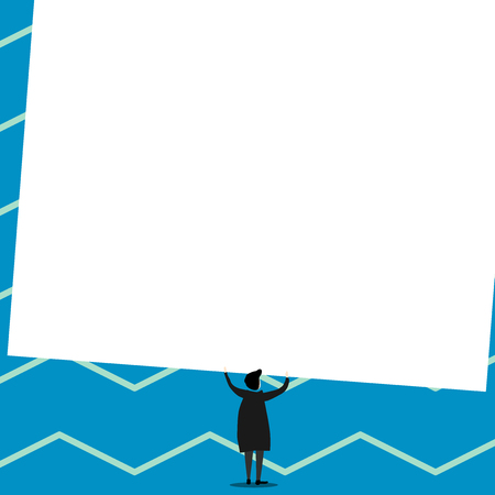 Man stands in back view under huge empty blank big tilted rectangle board Design business Empty template isolated Minimalist graphic layout template for advertisingのイラスト素材