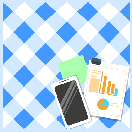 Layout Smartphone Off Sticky Notes Clipboard with Pie Chart and Bar Graph Design business concept Empty copy text for Web banners promotional material mock up template.のイラスト素材
