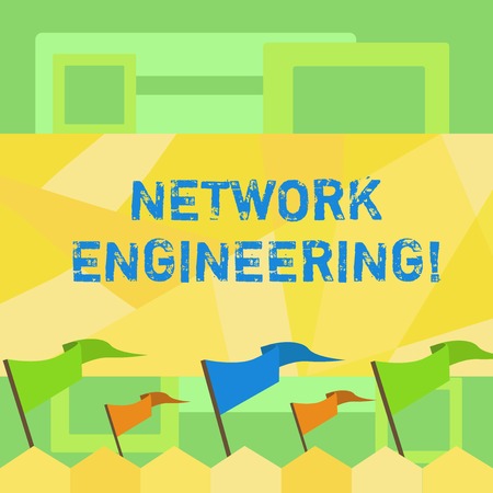 Handwriting text writing Network Engineering. Conceptual photo field concerned with internetworking service requirement Blank Solid Colorful Pennant Streamer Flag on Stick Mounted on Picket Fenceの写真素材