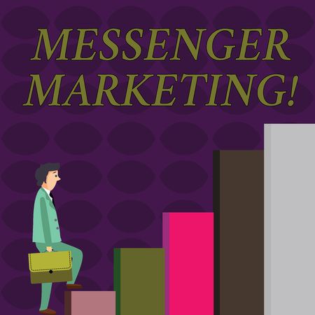 Text sign showing Messenger Marketing. Business photo showcasing act of marketing to your customers using a messaging app Businessman Carrying a Briefcase is in Pensive Expression while Climbing Upの写真素材