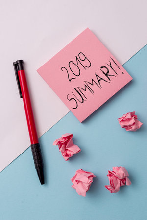 Writing note showing 2019 Summary. Business concept for summarizing past year events main actions or...