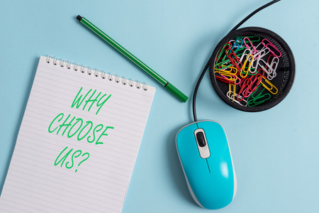Handwriting text Why Choose Us Question. Conceptual photo list of advantages and disadvantages to select product serviceの写真素材