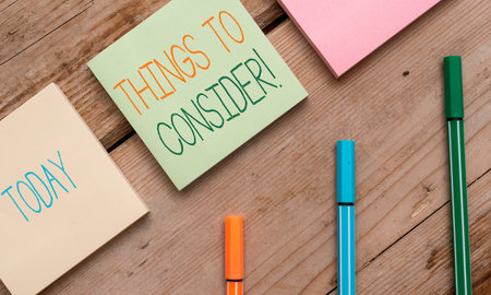 Text sign showing Things To Consider. Business photo showcasing think about something carefully in...