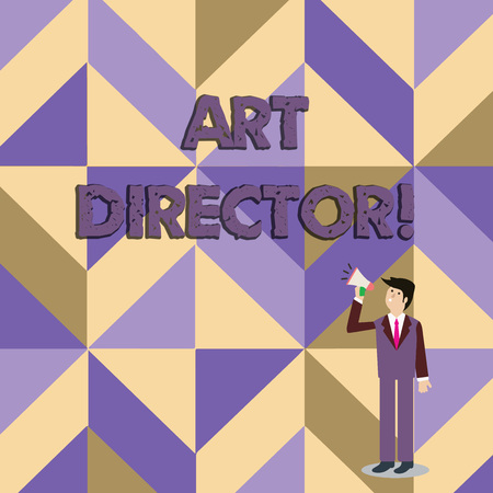 Writing note showing Art Director. Business concept for responsible for overseeing the artistic aspects of a film Businessman Looking Up and Talking on Megaphone with Volume Iconの写真素材