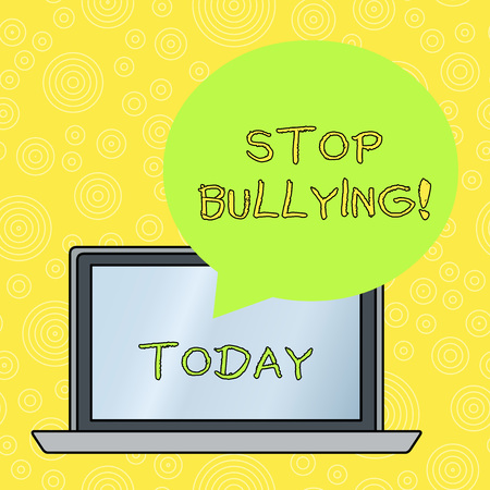 Word writing text Stop Bullying. Business photo showcasing stop the aggressive behaviour among school aged children Round Shape Empty Speech Bubble Floating Over Open Laptop Colored Backdropの写真素材