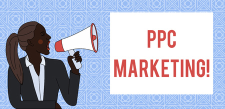 Conceptual hand writing showing Ppc Marketing. Concept meaning using search engine advertising to make clicks to your website Woman Jacket Ponytail Shouting into Loudhailer Boxの写真素材