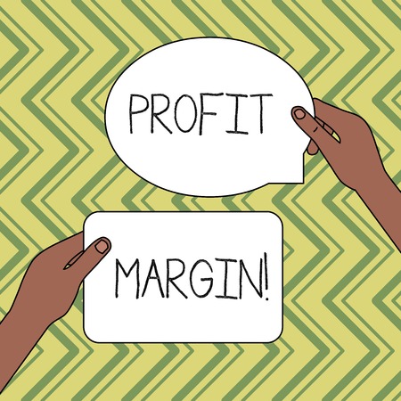 Word writing text Profit Margin. Business photo showcasing amount by which revenue from sales exceeds costs in a business Two Blank Figured Tablets Signs Held in Hands One Above Other Text Spaceの写真素材