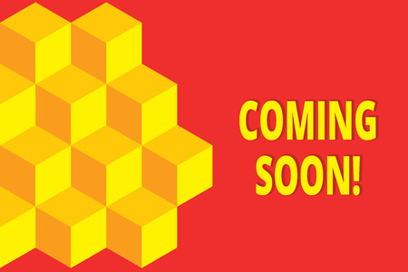 Text sign showing Coming Soon. Business photo showcasing event or action that will happen after really short time Icon colored isometric cubes half plain background. Abstract futuristicの写真素材