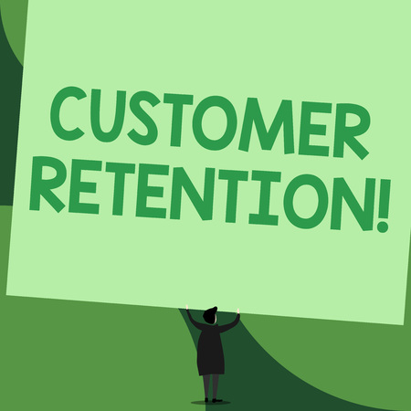 Handwriting text writing Customer Retention. Conceptual photo Keeping loyal customers Retain analysisy as possible Back view standing short hair woman dress hands up holding blank rectangleの写真素材