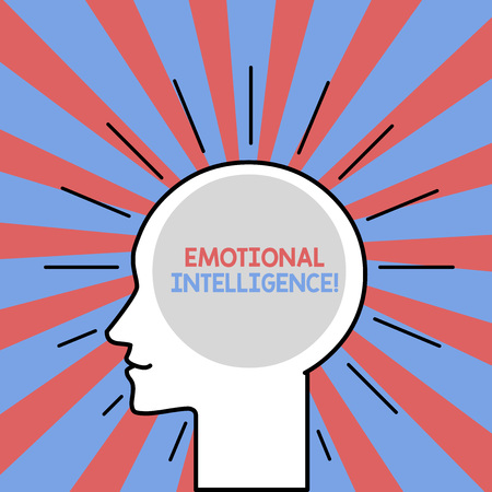 Text sign showing Emotional Intelligence. Business photo showcasing Self and Social Awareness Handle relationships well Outline Silhouette Human Head Surrounded by Light Rays Blank Text Spaceの写真素材
