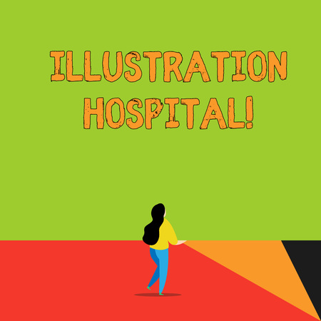 Word writing text Illustration Hospital. Business photo showcasing unique Applied Art of Medical Institution and Practice Back view young long hair woman holding big blank square announcementの写真素材