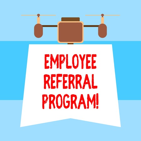 Handwriting text Employee Referral Program. Conceptual photo internal recruitment method employed by organizations Drone holding downwards banner. Geometrical abstract background designの写真素材