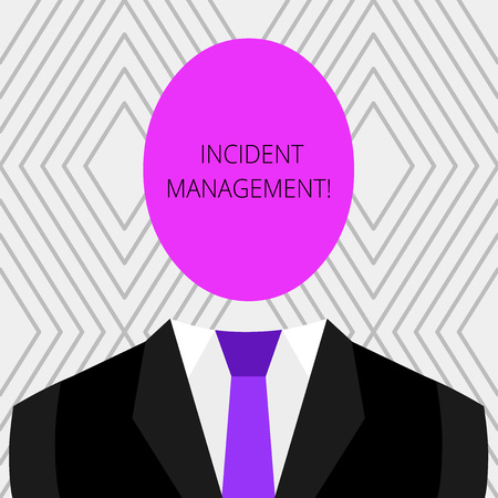 Handwriting text Incident Management. Conceptual photo Process to return Service to Normal Correct Hazards Symbolic Drawing Emblematic Figure of Man Formal Suit Oval Faceless Headの写真素材