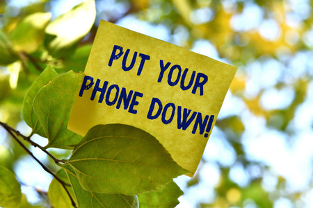 Word writing text Put Your Phone Down. Business photo showcasing end telephone connection saying goodbye caller Piece of square paper use to give notation on tree leaf under sunny dayの写真素材