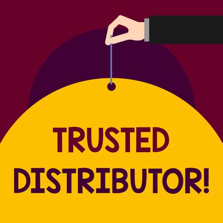 Writing note showing Trusted Distributor. Business concept for Authorized Supplier Credible Wholesale Representative Man hand hold big paper tie string thumb and index fingerの写真素材