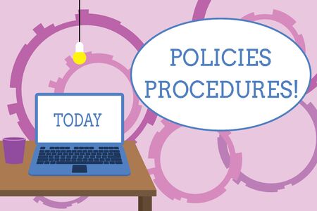 Word writing text Policies Procedures. Business photo showcasing Influence Major Decisions and Actions Rules Guidelines Front view open laptop lying on wooden desktop light bulb falling glassの写真素材