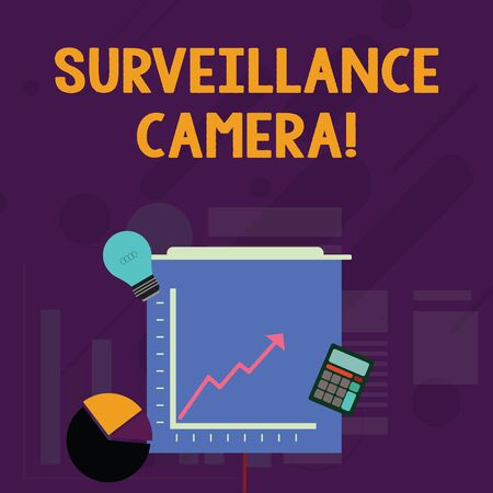 Word writing text Surveillance Camera. Business photo showcasing Closed Circuit Television transmit signal on monitors Investment Icons of Pie and Line Chart with Arrow Going Up, Bulb, Calculatorの写真素材
