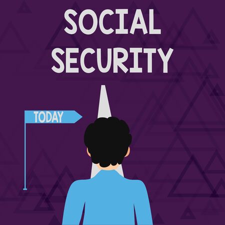 Writing note showing Social Security. Business concept for assistance from state showing with inadequate or no income Man Facing Distance and Blocking the View of Straight Narrow Pathの写真素材
