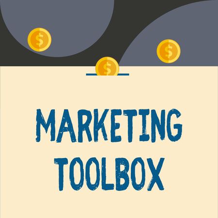 Text sign showing Marketing Toolbox. Business photo showcasing Means in promoting a product or services Automation Front view close up three penny coins icon one entering collecting box slotの写真素材