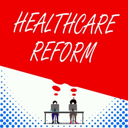 Text sign showing Healthcare Reform. Business photo text Innovation and Improvement in the quality of care program Two men sitting behind desk each one laptop sharing blank thought bubbleの写真素材