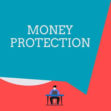 Writing note showing Money Protection. Business concept for protects the rental money tenant pays to landlord Man sitting chair desk working laptop geometric backgroundの写真素材