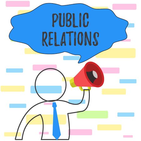 Writing note showing Public Relations. Business concept for practice analysisaging spread of information between individual Outline Symbol Man Loudspeaker Making Announcement Giving Instructionsの写真素材