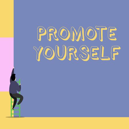 Word writing text Promote Yourself. Business photo showcasing market and introduce to others Improvement Encourage Back view young man climbing up staircase ladder lying big blank rectangleの写真素材