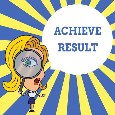Word writing text Achieve Result. Business photo showcasing Accomplishment Attain Bring to a successful conclusion Woman Looking Trough Magnifying Glass Big Eye Blank Round Speech Bubbleの写真素材