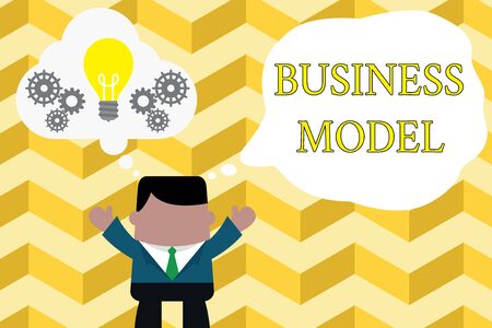 Handwriting text writing Business Model. Conceptual photo Identifying revenue sources Plan on how to make profit Standing man suit hands up imaginary bubble light bulb gears working togetherの写真素材