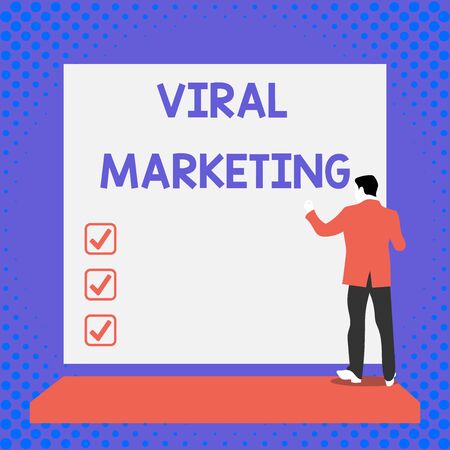 Text sign showing Viral Marketing. Business photo text whereby consumer encouraged share information via Internet Back view young man dressed suit standing platform facing blank rectangleの写真素材