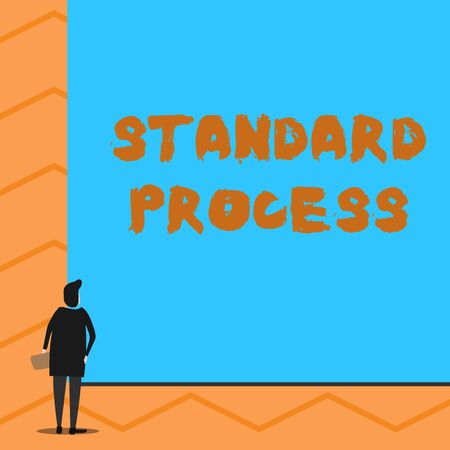 Text sign showing Standard Process. Business photo text rules made to be matched with final product quality Man stands in back view in front of huge empty blank big rectangle boardの写真素材